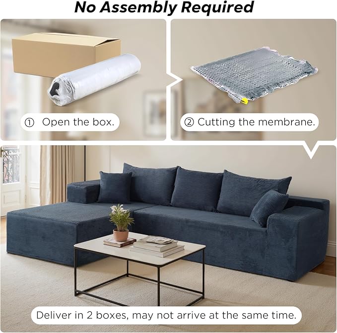 Blue Sectional Couches for Living Room, Boneless Couch with L-Shape Chaise, Modular Sofa in Box with Deep Seat, No Assembly Required