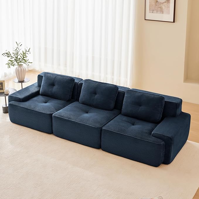 115" Modern Compressed Boneless Couch, 3 Seater Sectional Couches for Living Room, Blue Corduroy Cloud Modular Sectional Sofa, Comfy Memory Foam, Extra Deep, Sofas para Sala, No Assembly