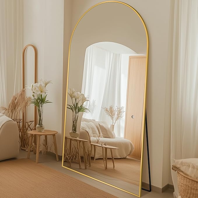 Full Length Mirror, 83"x44" Floor Mirror Freestanding, Oversized Floor Standing Full Body Mirror with Stand for Bedroom, Hanging Mounted for Living Room Cloakroom, Gold, Arched