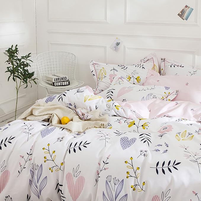 LifeTB Girls Flower Duvet Cover Twin XL Boho White Pink Floral Bedding Sets Aesthetic 100% Cotton Comforter Cover Cute Branches Flower Bedding Sets Pink Floral Twin XL Duvet Cover with 2 Pillowcases