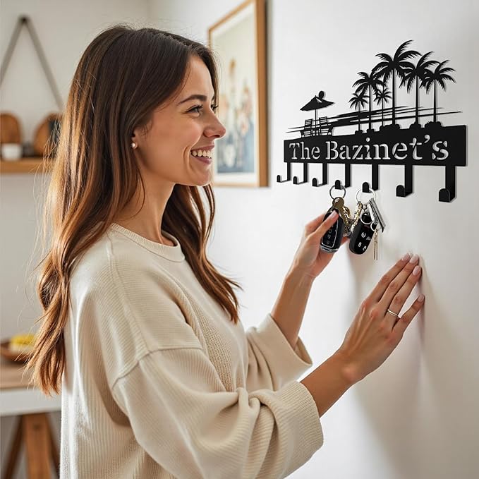 Tropical Key Hook Wall Decor,Personalized Key Holder of Palm Tree & Beach Lounge Chair Design,Stylish Key Holder Wall Mounted for Hallway,Front Door,Entryway