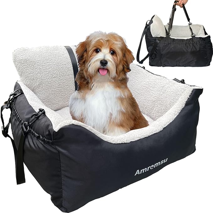 Small Dogs Car Seat,Fully Detachable and Washable Ultra Soft Car Travel Bed, with Clip-on,Two Portable Handle and Storage Pockets Puppy Dog Booster Seats,Portable DogCar Travel Carrier Bed