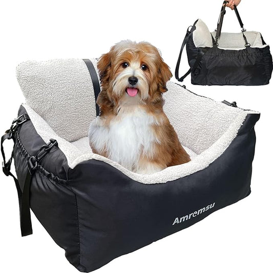 Small Dogs Car Seat,Fully Detachable and Washable Ultra Soft Car Travel Bed, with Clip-on,Two Portable Handle and Storage Pockets Puppy Dog Booster Seats,Portable DogCar Travel Carrier Bed