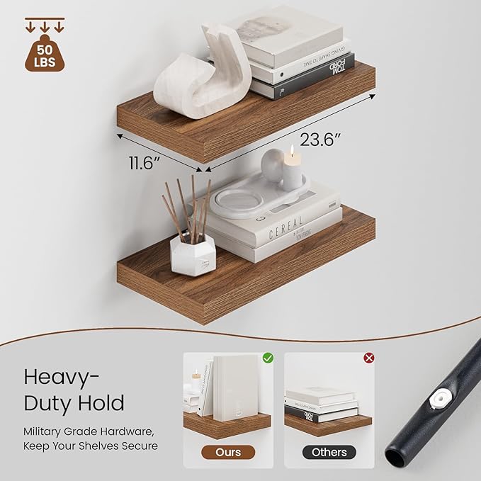 Heimlove 12" Deep Walnut Floating Shelves for Wall, 24 Inch Shelf Bathroom Shelves Set of 2, Mounted Shelves for Books Living Room Laundry Room Bedroom Kitchen Home Office