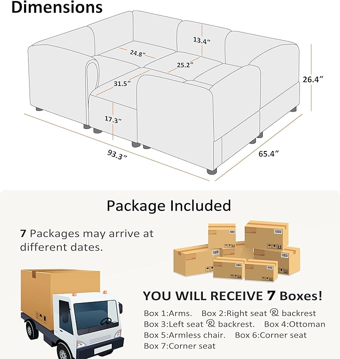 VANOMi Oversized Modular Sectional Sofa, Sleeper Sectional Couches for Living Room, 6 Seats Modular Sofa with Reversible Chaises, Cream White