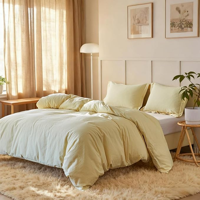 Simple&Opulence French Linen Duvet Cover Set - Twin Size(68" x 86")- 2 Pieces (1 Comforter Cover,1 Pillowcase)- Natural Flax Cotton Blend-Solid Color Breathable Farmhouse Bedding-Pale Yellow