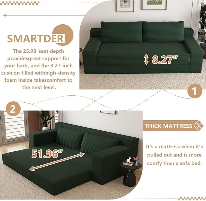 Cloud Loveseat Sofa, Modern Corduroy 2-Seater Couch with Deep Seat, No Assembly Required Memory Foam Sofa, Boneless Sofa in a Box for Bedroom, Apartment, Office,Small Space (Green,70.87in)