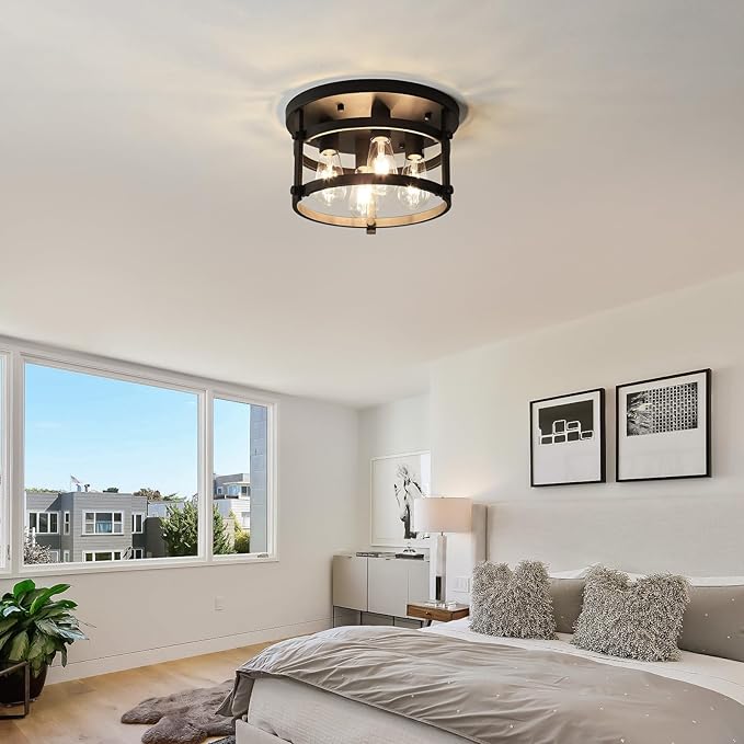 4-Light Retro Farmhouse Flush Mount Round Vintage Metal Ceiling Light Fixtures, Rustic Ceiling Lamp for Kitchen Island Hallway Entryway Bedroom Dining Room, E26 Bulbs, 13.78"