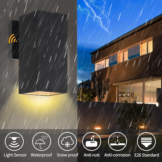 Dusk to Dawn Outdoor Wall Light, Exterior Light - ETL Listed, Aluminum Anti-Rust Waterproof Wall Mount Rectangular Design – Up or Down Photocell Outdoor Lighting for Porch, Garage or Patio