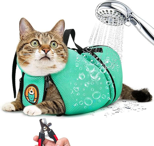 AWOOF Cat Grooming Bag Adjustable Cat Bathing Bag Anti Scratch Bite Polyester Soft Durable Mesh Cat Shower Bag for Small Medium Large Cats