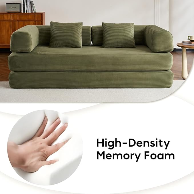 Convertible Folding Couch Bed, Comfy Corduroy Sleeper Floor Sofa Bed with Fixed-Shape Frame, Floor Sofa with Armrest, Lounge Couch for Living Room Bedroom Lounge Studio, Green