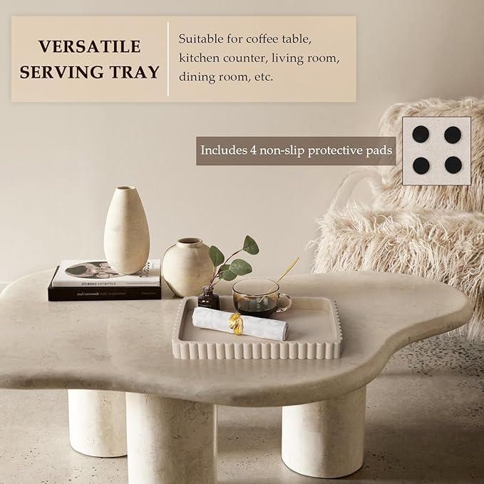 Resin Decorative Tray for Coffee Table Decor, 14" Coffee Table Tray Ottoman Tray Table Centerpieces, Rectangular Modern Decorative Trays for Home Decor, Living Room, Entry, Resin Beige