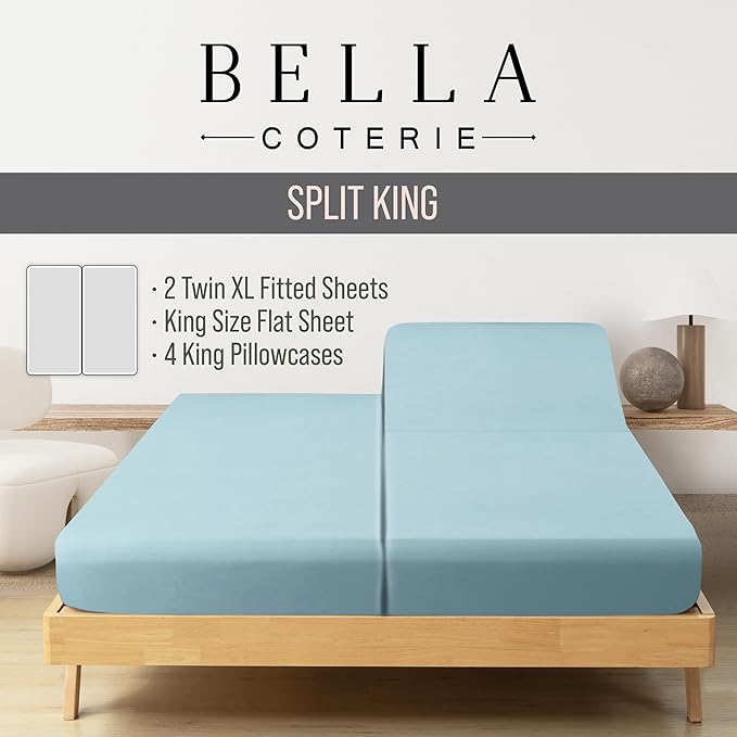 Bella Coterie 7 Piece Luxury Bamboo Viscose Split King Size Sheet Set | 2 Fitted Sheets for Adjustable Beds | 100% Organically Grown | Cooling for Hot Sleepers | 4 Pillowcases [Coastal Blue]