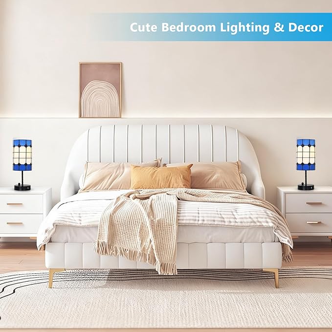 Stained Glass Table Lamp with USB Port, 3 Way Dimmable Touch Control Tiffany Desk Lamp with Bulbs, Vintage Lamp for Nightstand, Mid-century Small Bedside Lamp For Bedroom Living Room Office Nursery