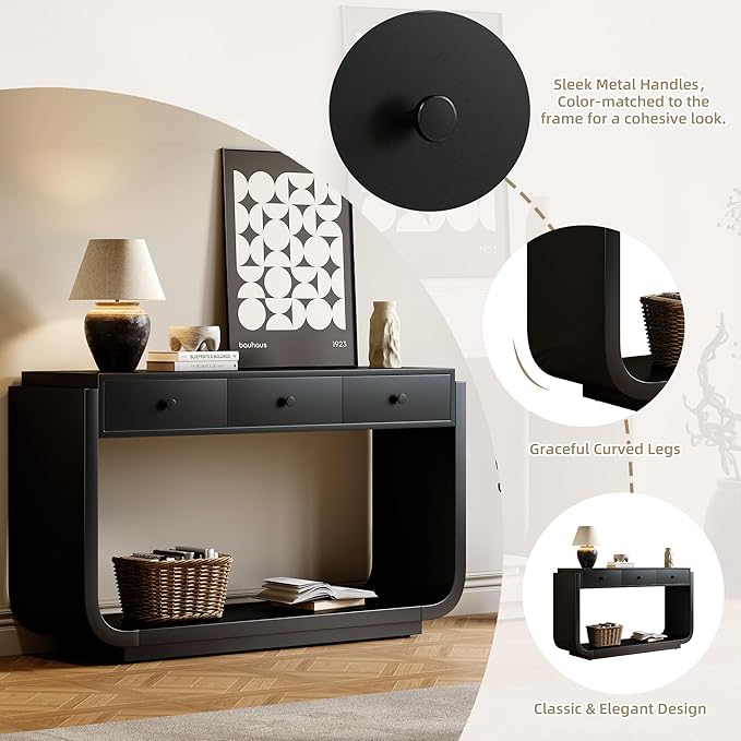 Merax 55" Entryway Table with 3 Drawers, Natural Wood Grain Finish Console Table with Fluted Design for Entryway and Living Room (Black)