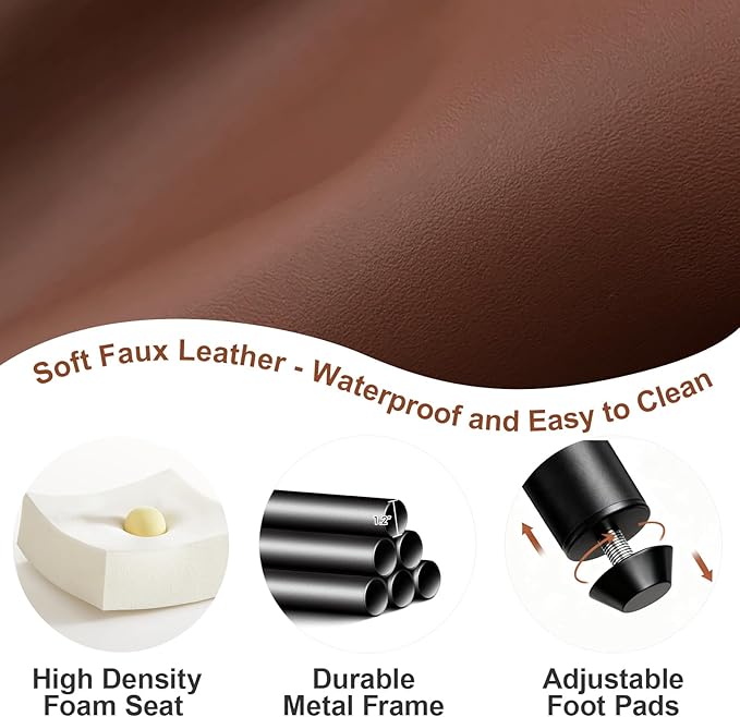 Modern Dining Chairs Set of 2, Faux Leather Upholstered Kitchen Chairs with Curved Back and Metal Legs, Mid Century Chairs for Dining Room, Kitchen, or Café (Brown)