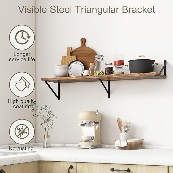 Fun Memories 40 Inch Floating Shelves, 12 Inch Deep Wall Shelf, 40 x 12 Floating Shelf Set of 2, Wood Floating Shelf Wall Mounted, Large Kitchen Living Room Bedroom Storage Shelves, Rustic Brown