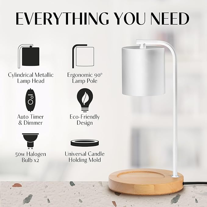 Candle Warmer Lamp with Timer and Dimmer & Includes 2 Bulbs, Electric Wax Candle Lamp Warmer for Jar Candles, Home Decor Aesthetic, and House Warming Gifts - White Wood