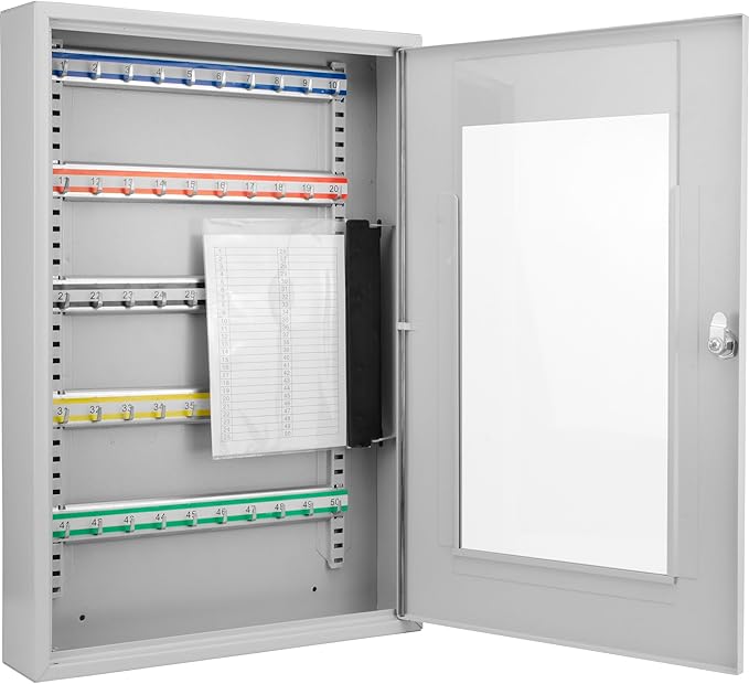 Barska Key Lock Box with Glass Door – Wall Mount Steel Key Cabinet Organizer with Labeled Hooks and Colored Key Tags for Home, Office, Property Management