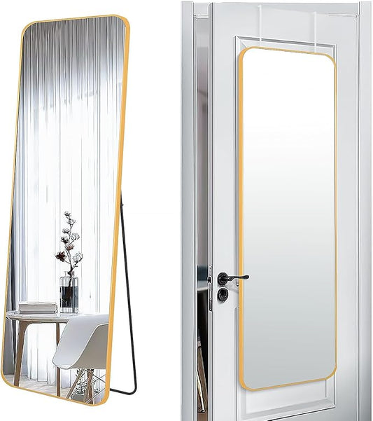 57x20 Door Hanging Full Length Mirror, Floor Stand (Height 5.7ft just Body in1.3ft) Wall Mounted Metal Frame Rectangle Dressing Mirrors for Bedroom Room 57 inch Gold