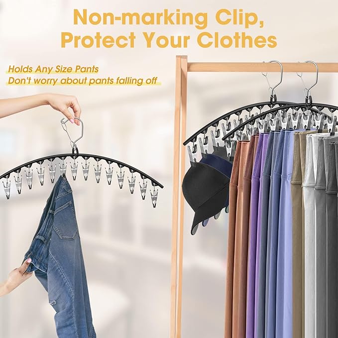 Upgrade Skirt Pants Hangers with Clips, Metal Legging Organizer for Closet with 15 Cilps Holds 90 Leggings/Shorts/Jeans/Skirts Pants Hangers Space Saving Closet Organizers and Storage, Black 6Pack