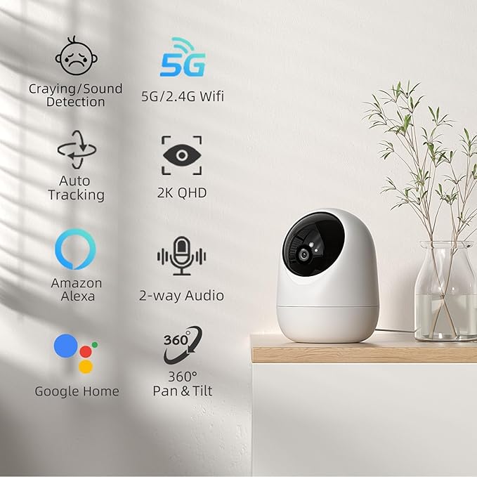 Rraycom 2K Pan/Tilt Security Camera for Baby Monitor, 5G Dog Camera w/Motion Detection&Crying Detection, 2-Way Audio, Siren, Night Vision, Motion Tracking,Cloud & SD Card Storage, Works/Alexa,3Pack
