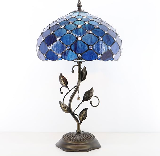 Tiffany Table Lamp, Stained Glass Style Desk Lamp, 12X12X19 Inch,Bedside Reading Light, Metal Leaf Base（Blue Beads Style