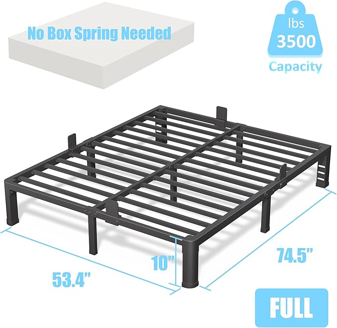 FUIOBYVV 10 Inch Full Bed Frame with Rounded Corner and Headboard Hole Mattress Retainers 3500 LBS Metal Heavy Duty Steel Slats Support No Box Spring Needed Platform Noise Free Easy Assembly