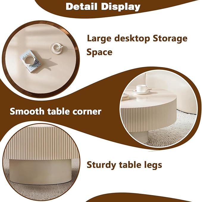 Round Drum Coffee Table Modern Coffee Table with Solid Wood Veneered Circle Center Table Accent Tea Table for Living Room Apartment Small Space (A)