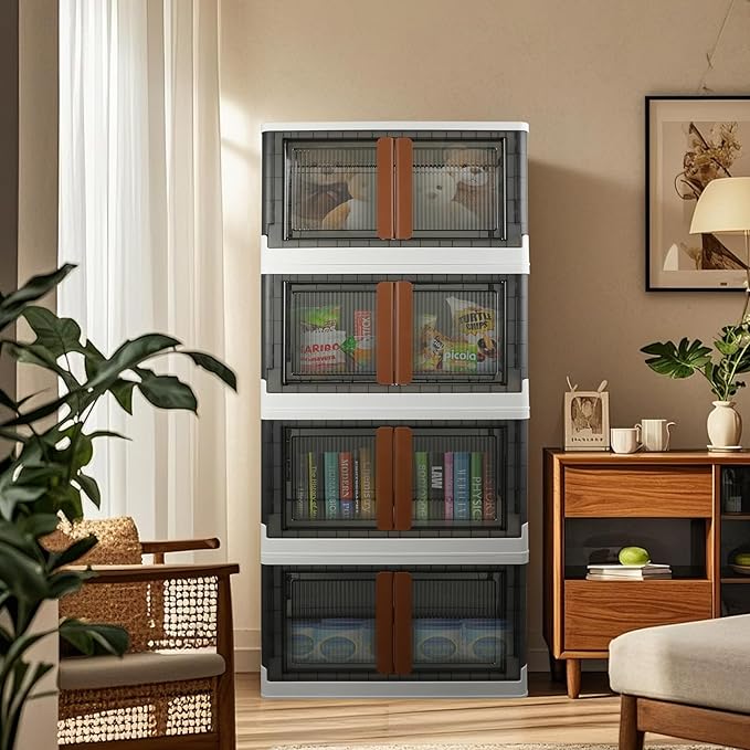 Storage Bins, Extra Large Cabinet with Lids, 19 Gallon(72L) Capacity (Per One), 4 Packs, Useful Box with Door and Buckles, Foldable, Transparent, Excellent Home Organizers