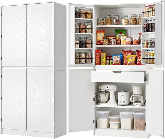 Merax 72" Tall Farmhouse Kitchen Pantry Cabinet with 8 Door Shelves, Curved Design Storage Cabinet with 3 Adjustable Shelves, Hidden Drawer, Versatile Cupboard for Kitchen, Dining & Bathroom, White