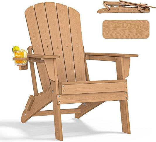 nevilywood Folding Adirondack Chair - Extended Ergonomic Backrest, Cup Holder - Easy Assembly - Durable HDPE Plastic, Weather Resistant & Maintenance-Free - Lawn, Patio, Deck Supports 380lbs,Teak