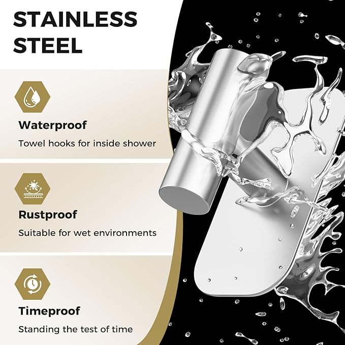 Adhesive Towel Hooks for Shower,Waterproof Heavy Duty Bathroom Hooks,Wall Mounted Sticky Hangers for Coats/Aprons/Robes,No Drilling(Silver,4 Pack)