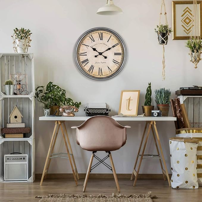 Bernhard Products Large Decorative Wall Clock 20 Inch Silent Non Ticking Battery Operated Quartz Vintage Stylish with Rustic Silver Rim for Home Living Room Dining Room Kitchen & Over Fireplace