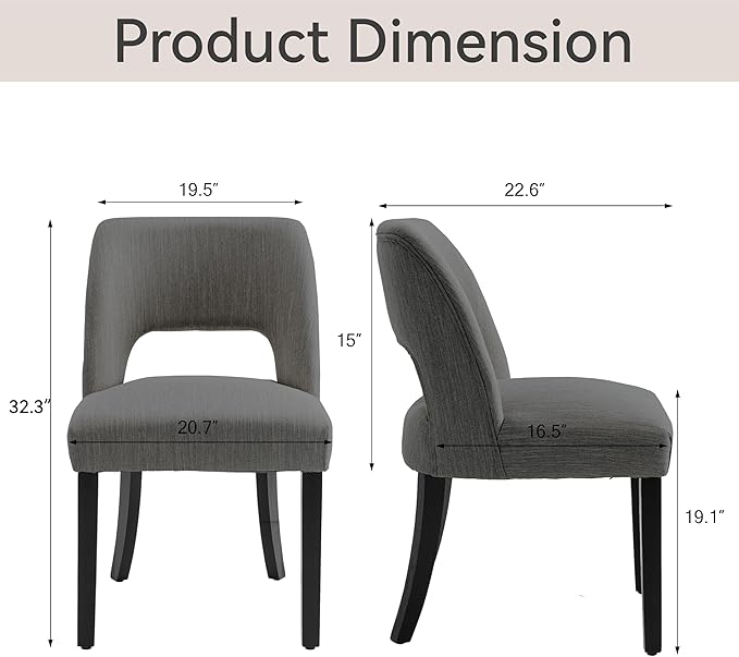 VKNOW Wooden Dining Chairs Set of 2, Modern Fabric Upholstered Dining Room Chair Kitchen Chairs, Farmhouse Dinner Chair for Kitchen Dining Room, Dark Grey-Black Legs