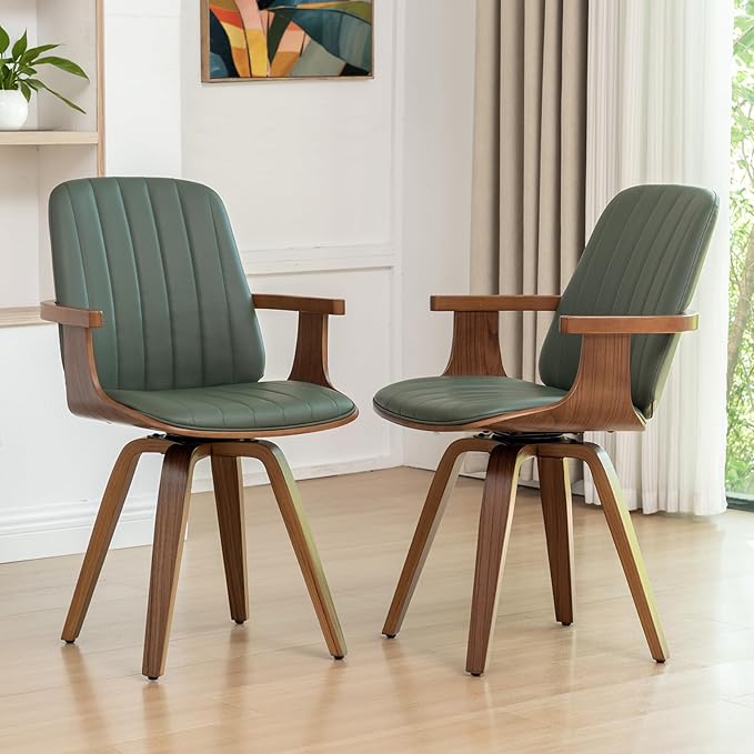 MCM Dining Chairs, Set of 6 Mid Century Modern Chairs with Walnut Craftsmanship, Upholstered Faux Leather, Wooden Arms and Legs, Faux Leather Dining Chairs for Kitchen/Living Room - Green