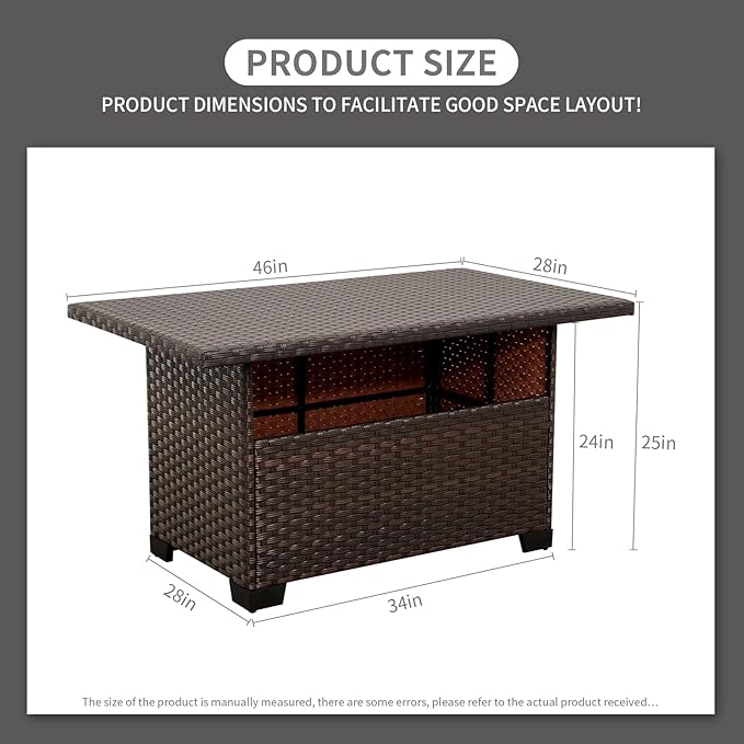 46 Inches Outdoor Coffee Table with Storage Wicker Patio Table Outdoor Dining Table with Glass Tabletop, Brown