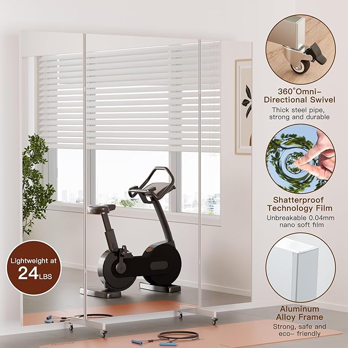 brisafe Full Length Mirror with 360° Wheels, 55"x71" Foldable Floor Mirror with Nano-Tech Shatterproof Film - Ultra-Large Mobile Mirror for Home Gym, Dance Studio & Commercial Spaces (Black)