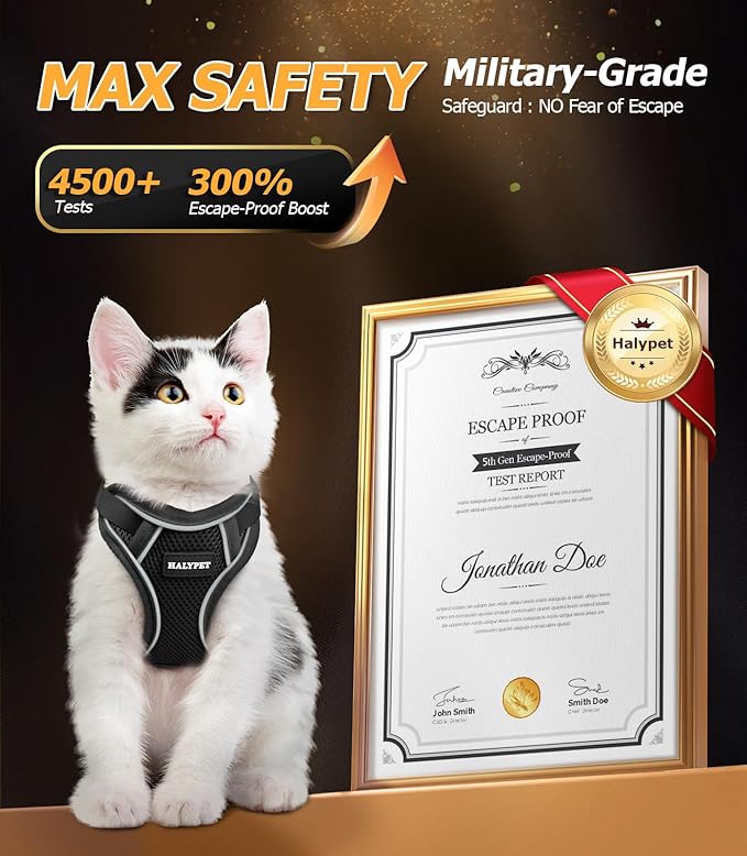 Halypet Cat Harness and Leash Set [MAX Safety 4th-Gen Upgrade] Escape Proof Adjustable Cat Leash Comfortable Soft Vest Easy to Wear Kitten Harness with Reflective Strip for Cats Walking, M Black