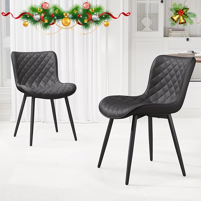YOUTASTE Black Dining Chairs Set of 2, PU Leather Upholstered Mid-Century Modern Chair, with Thick Padded Back and Metal Legs, for Kitchen, Dining Room, Vanity, or Guest Waiting Room