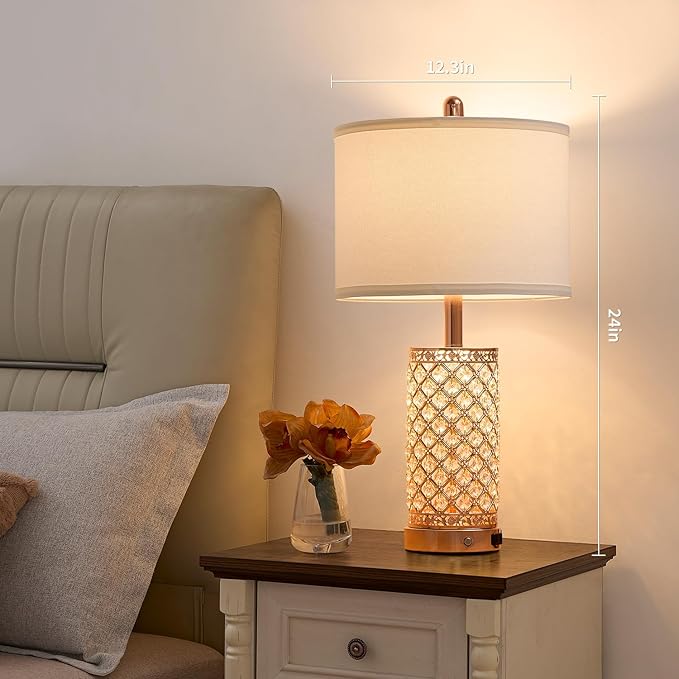 Crystal Table Lamps 3-Way Dimmable Bedroom Lamp with 2 USB Ports & AC Outlets for Living Room Retro Bedside Nightstand Lamp Night Light (Rose Gold- 1 Pack 24In)