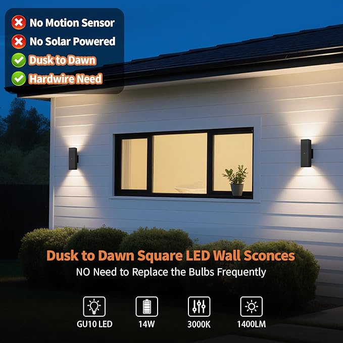 Dusk to Dawn Outdoor Lighting, LED Square Up and Down Outdoor Sconce Lights, Matte Black Exterior Lighting Fixtures with 7W LED Bulbs, Front Porch Lights for House, Garage, Patio, Doorway, 1 Pack