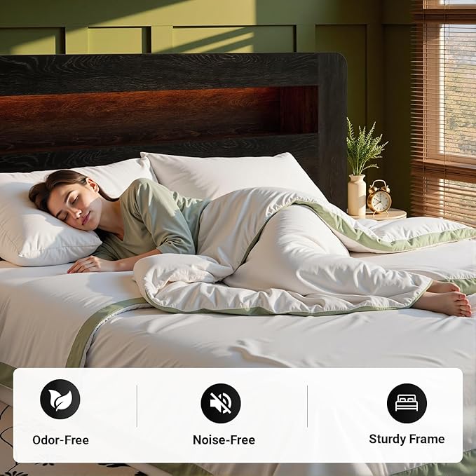 King Bed Frame with Headboard, Wooden Platform Bed Frame King Size with Bookcase Shelf, LED Lights, Charging Station, Heavy Duty Supports, No Box Spring Needed,Dark Black