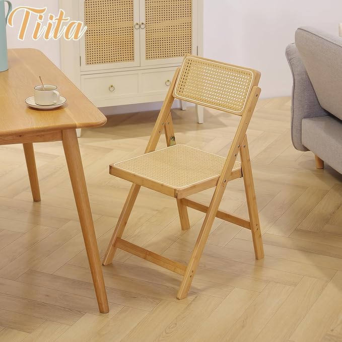 Tiita Rattan Dining Chairs Set of 1, Mid Century Modern Folding Chair, Bamboo Folding Dining Chairs for Small Space, Dining Room, Living Room, Bedroom, Wood