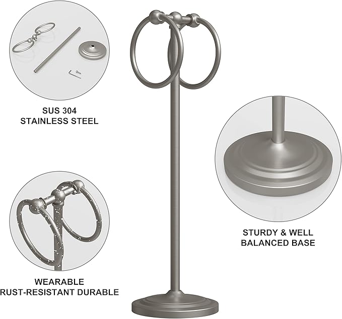 BGL Fingertip Towel Holder Stand Hand Towel Ring for Bathroom or Kitchen Vanity Countertops to Store Hand Towels Washcloths or dishcloths - 2 Hanging Rings，19" High-Brushed Nickel