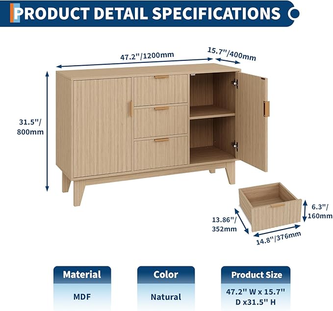 GarveeHome Fluted Buffet Storage Cabinet, 47.2 in Large Coffee Bar Kitchen Sideboard Cupboard with 3 Drawers 2 Doors for Living Room Entryway, Oak