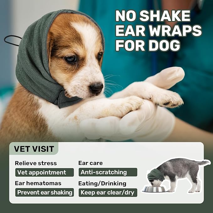 Dog Calming Hoodie, No Shake Ear Wraps for Dogs, Adjustable Dog Ear Muffs for Noise Protection, Ear Wrap Head Cover for Anxiety Relief & Hematoma (Olive Green, M(Head Circle:13.8"-18.9"))