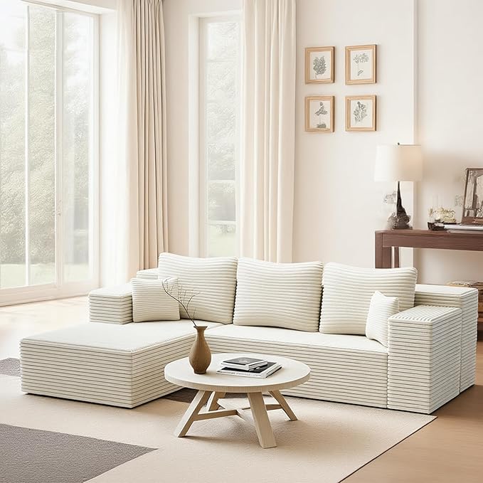 106'' Boneless Couches for Living Room, L Shaped Modular Sectional Sofa with Chaise Lounge, Faux Rabbit Fur & Layered Cushion Deep Seat Cloud Couch, No Assembly (Beige, Left Facing Chaise)