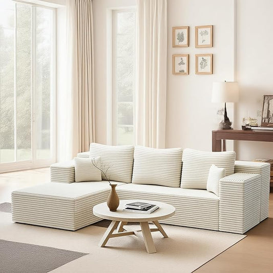 106'' Boneless Couches for Living Room, L Shaped Modular Sectional Sofa with Chaise Lounge, Faux Rabbit Fur & Layered Cushion Deep Seat Cloud Couch, No Assembly (Beige, Left Facing Chaise)