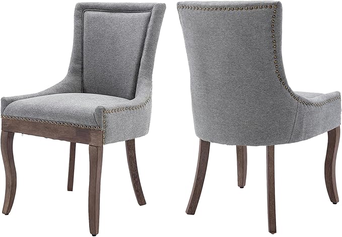 Farmhouse Dining Chairs Set of 2, Upholstered Fabric Dining Room Accent Chairs with Wood Legs & Bronze Nailhead, High Wingback Kitchen Chairs for Living Room Hotel Apartment, Gray